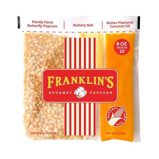 Franklin’s Gourmet Popcorn All-In-One Popcorn Packs for Popcorn Machine - 8oz Pack of 10 - Made in USA - Packs of Corn Kernels with Buttery Salt & Oil