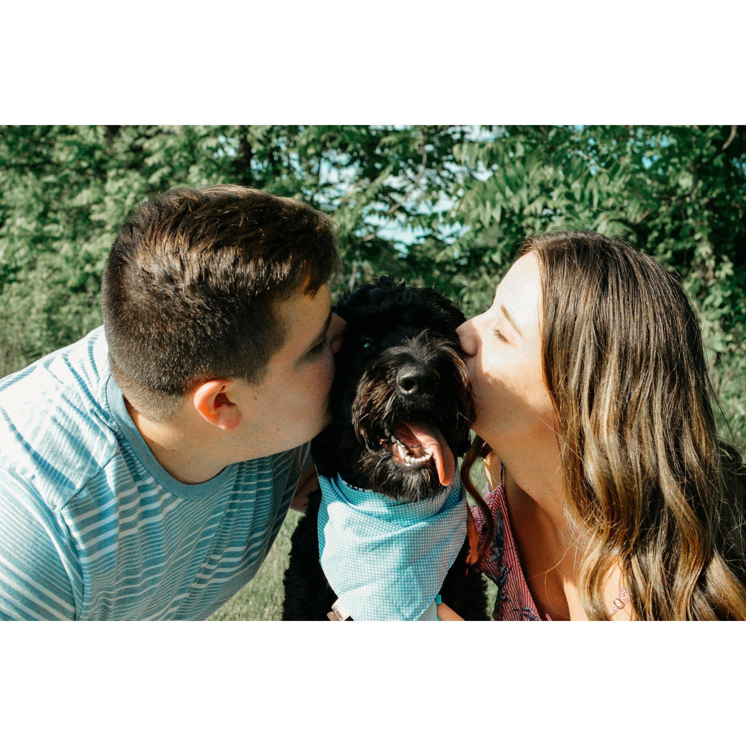 Engagement picture with our first dog, Sasha, 2020