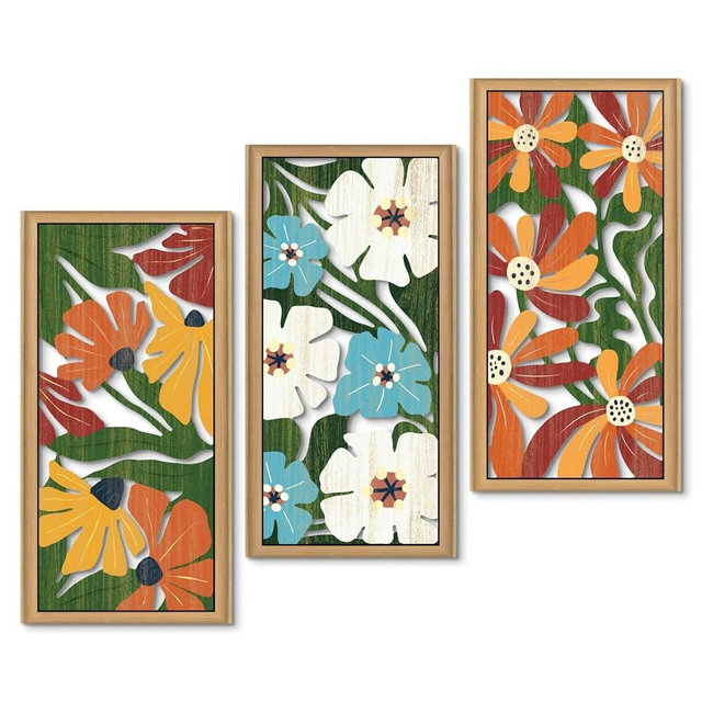 Putuo Decor Boho Flower Wall Art, Minimalist Floral Botanical Wooden Wall Decor, Bohemian Plant Flower Market Wall Art 16x8 In, Coloful Mid Century Print Art for Living Room Bedroom Office Set of 3