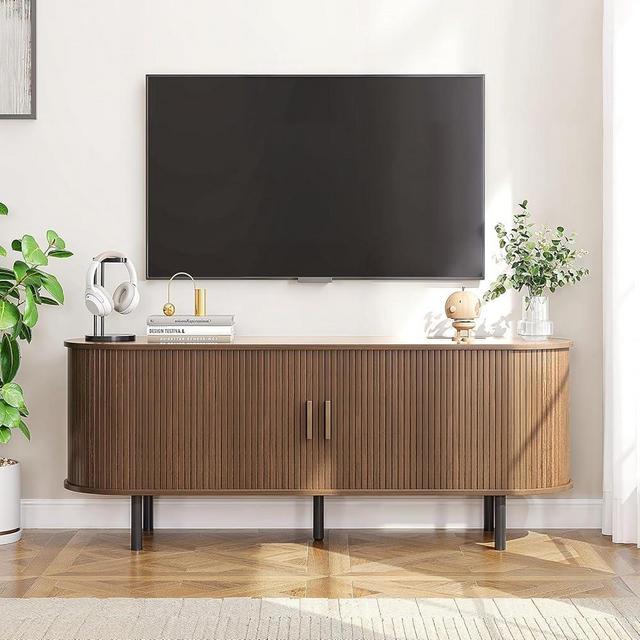 ONBRILL 55" TV Stand with Power Outlet for TVs up to 60 Inch, Entertainment Center with Storage and Adjustable Shelves, Modern Media Console with Sliding Doors for Living Room, Bedroom, Walnut