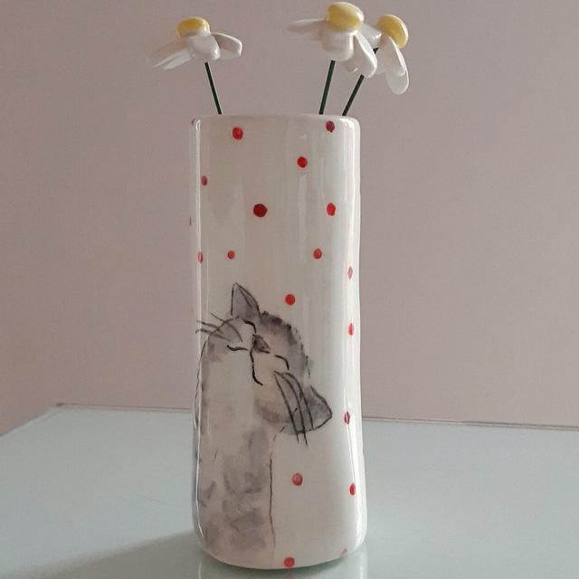 Cute Hand Painted Gray Tabby Cat Pottery Vase, Cat Mama Vase, Cat Home Decor