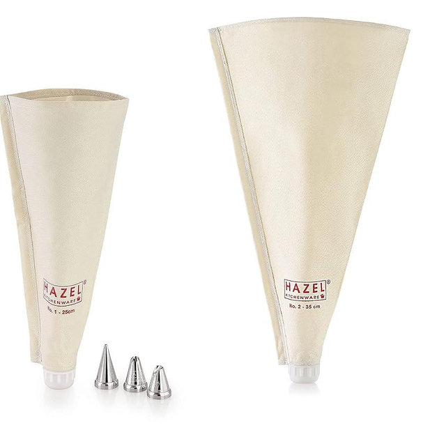 HAZEL Piping Bags with Nozzles Set | 2 Reusable Piping Bags, 3 Nozzles Cake Icing Bag | Piping Bags for Cake Decoration Items (White)