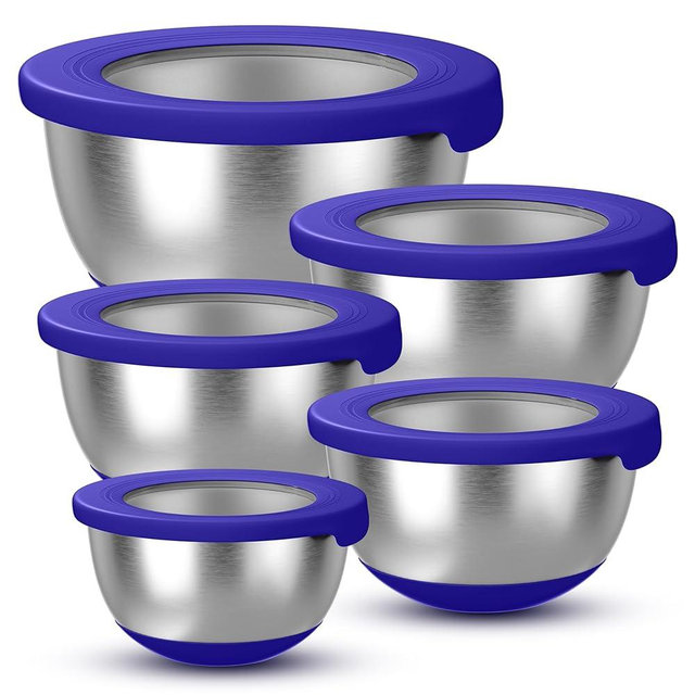 KITEISCAT Stainless Steel Mixing Bowls with Lids – Set of 5 Large Nesting Metal Bowls for Kitchen, Baking, Cooking, Food Prep & Storage, Non-Slip Base, Dishwasher Safe,Blue