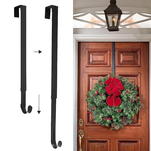 Haute Decor Adapt Adjustable Length Wreath Hanger - Matte Black Metal - Holds up to 20 lbs. - Over The Door Wreath Hanger for Year-Round Indoor and Outdoor Use