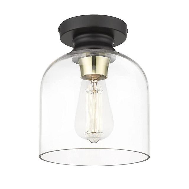Beionxii Semi Flush Mount Light Fixture, Black Ceiling Light for Entryway Hallway Laundry Kitchen, Matte Black W/Gold Accents, Clear Glass Shade - Bulb not Included