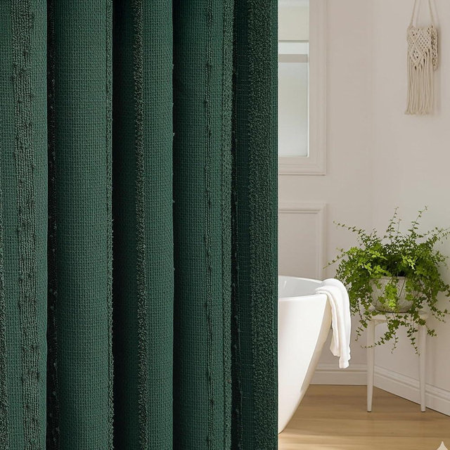 Lameirose Dark Green Shower Curtain Boho, Cotton Blend Waffle Shower Curtain Textured, Fabric Shower Curtains for Bathroom, Hotel, 72 x 72