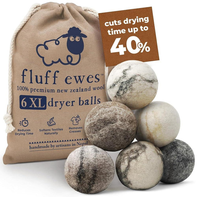 Fluff Ewes Wool Dryer Balls 6 Pack Premium New Zealand Wool Laundry Balls for Dryer, No Static Dryer Balls Laundry Reusable Cute, XL Wool Dryer Balls Cute, Baby Dryer Balls for Dryers - Marble