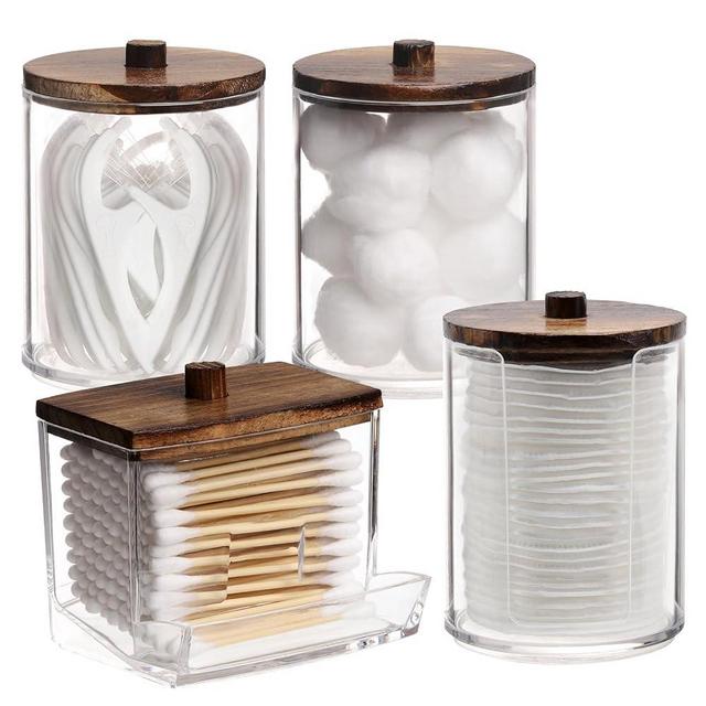 Tbestmax 4 Pack Qtip Holder Dispenser, 10/7oz Bathroom Container for Cotton Ball Cotton Swabs Pads, Apothecary Jar with Wood Lids for Organizer and Storage (Brown)