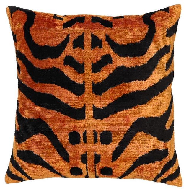 CANVELLO-Exquisite Tiger Print Down Pillow/Throw Cushion: Feather Pillows Elegance & Art | Iconic Throw Pillows with Ikat Design | Soft Velvet Silk (16"x16")