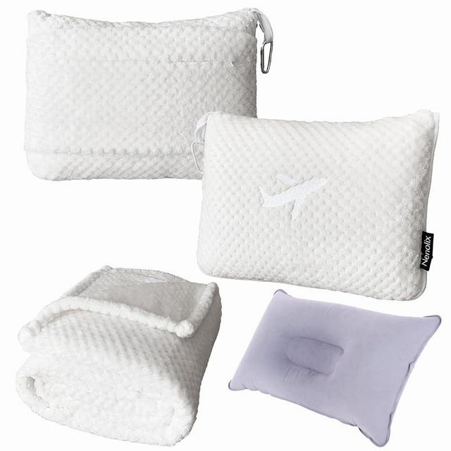 Nenolix 3 in 1 Travel Blanket Pillow Set - 350 GSM Thick Travel Blanket Airplane Compact with Bag, Soft Bag with a Pocket, Inflatable Travel Pillow for Camping & Car Trip (Pearl White)