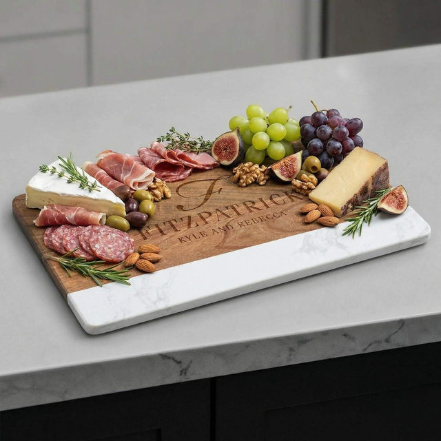 Personalized Marble Cutting Board - White Marble and Acacia Wood Cheese Board, Charcuterie Board Gift, Gift for Bridal Shower, Housewarming