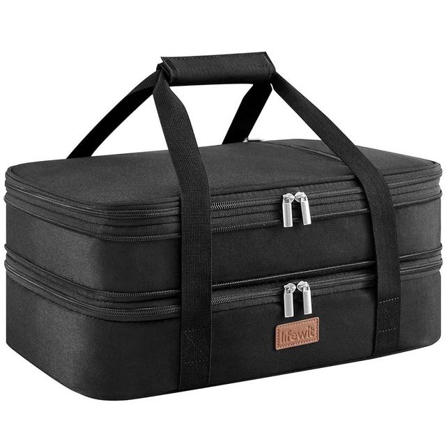 Lifewit Insulated Double Casserole Carrier Thermal Lunch Tote for Potluck Parties, Picnic, Beach, Fits 9 x 13 Inches Casserole Dish, Expandable by Mid Zipper, Black