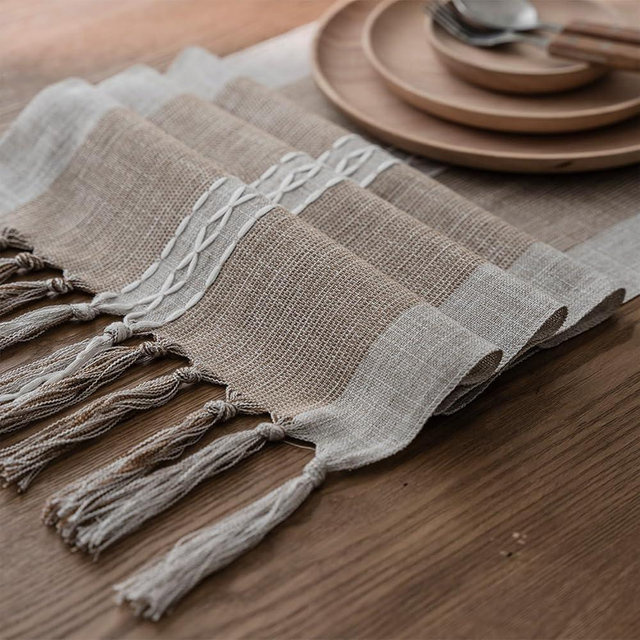 Niviy Farmhouse Table Runner, Embroidered Striped Braided Coffee Boho Table Runner, Cotton Linen Farmhouse Table Decoration for Holiday Party 12 x 60 Inches
