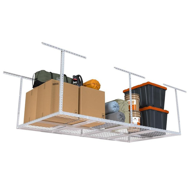 eShelf 4ftx8ft Overhead Garage Storage Rack, Heavy-Duty Metal Garage Ceiling Storage Rack, 22''-40" Adjustable Ceiling Drop-Down, 600 lb. Loading Weight Capacity, White