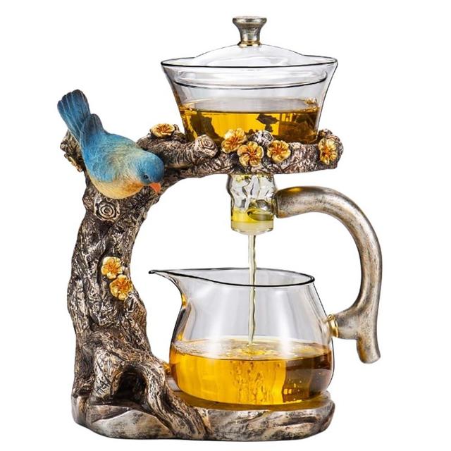 Fire Kirin Glass Teapot Set Animal Bird Design Semi-automatic Drip Rotating Bowl with Infuser Lazy Kungfu Tea Pot Set (teapot)