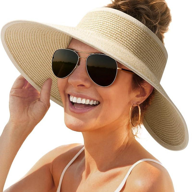 FURTALK Sun Hats for Women Wide Brim Beach Hat Straw Visor Ponytail Summer UV Packable Foldable Beach Vacation Essentials