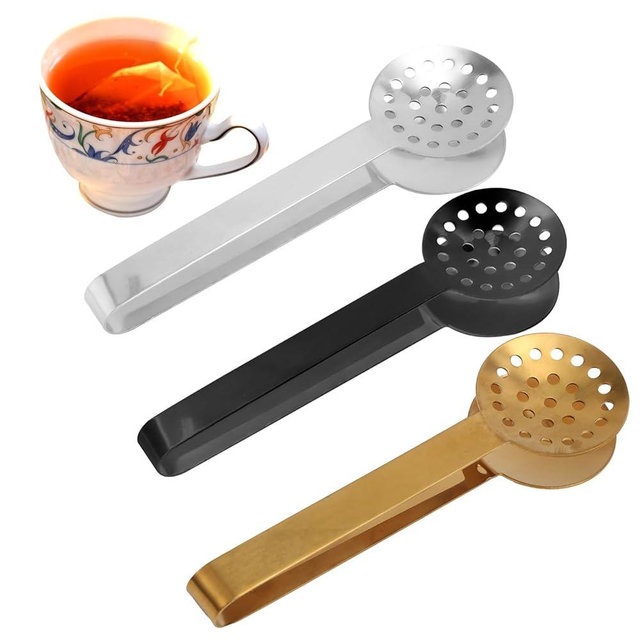 lasuroa 3pcs Tea Bag Squeezer Tongs, Stainless Steel Strainer Spoons Teabag Clips Tool Practical Strainer Tea Accessories (Black, Gold, Silver)