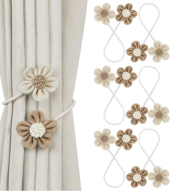 KLOGTSIND Flower Curtain Tiebacks, 6 Pack Boho Curtain Ties Elegant DIY Curtain Holdbacks, Decorative Window Drape Twist Tie Backs for Bedroom Decor, Nursery Decor, Farmhouse Decor