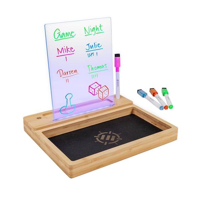 ENHANCE LED Writing Score Board & Dice Tray for Table Games - Dice Rolling Tray with 7 LED Colors, Touch Control, 4 Color Marker Set, Eco-Friendly Bamboo Wood Base - Perfect for Game Night, MTG, RPGs