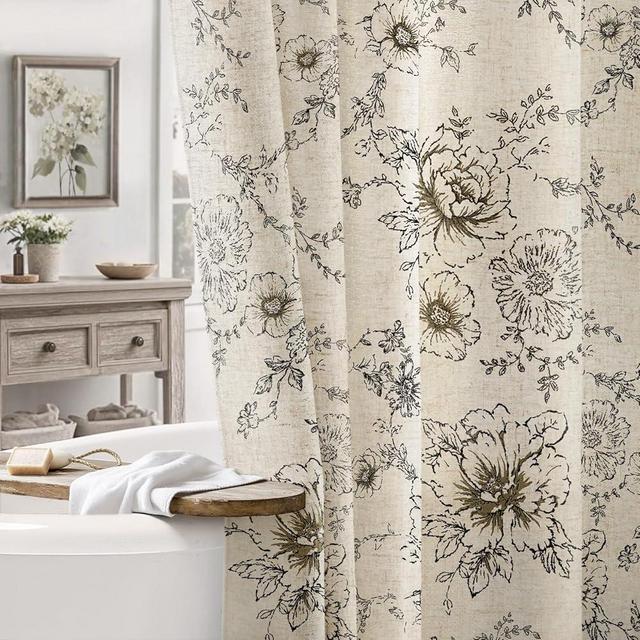 NDDYCU Farmhouse Floral Vintage Shower Curtain, Black Linen Pattern Shower Curtains for Bathroom, Tan Taupe,72x72
