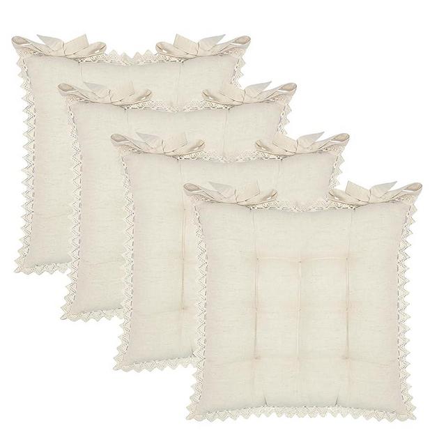 COTTON CRAFT Chair Cushion Pads - Set of 4 - Flax Linen with Lace - Dining Kitchen Office Chair Seat Cushion with Ties- Durable Cotton Flax - Thick Comfy Poly Fill - Indoor Use - 17 x 17 in – Natural