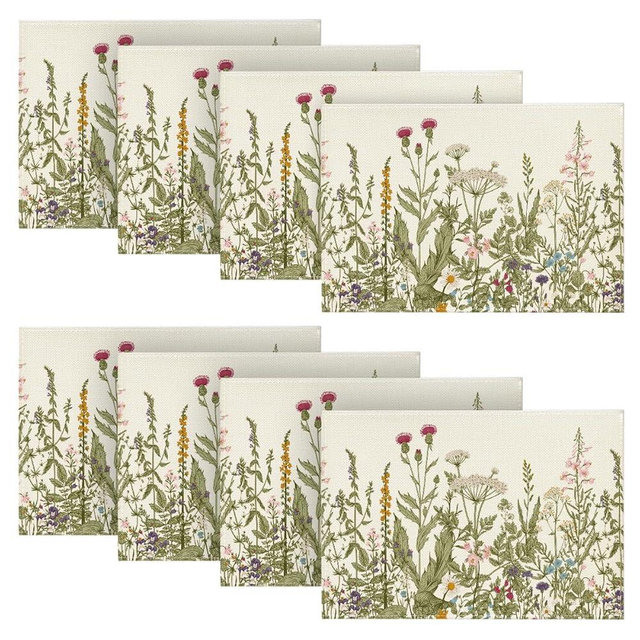 Artoid Mode Antique Herbs and Wild Flowers Summer Placemats Set of 8, 12x18 Inch Seasonal Wildflower Spring Table Mats for Party Kitchen Dining Decoration