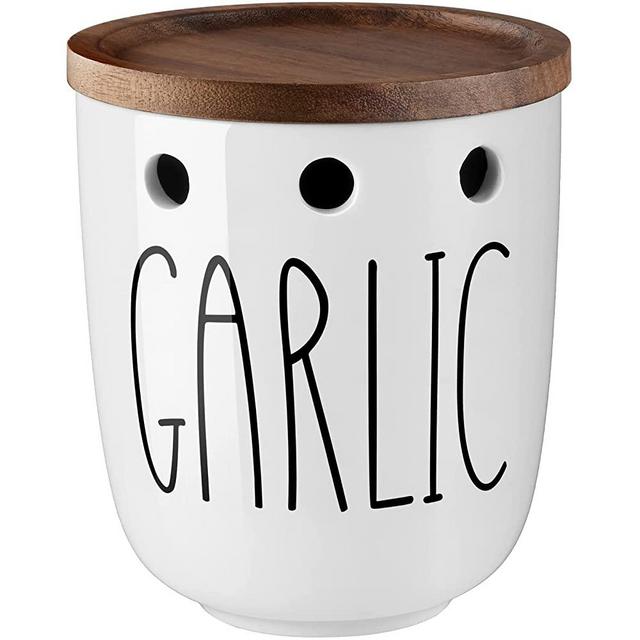 Farmhouse Garlic Keeper for Counter, DAYYET Ceramic Garlic Keeper with Acacia Wood Lid, Garlic Holder Storage Container to Keep Your Garlic Cloves Fresh Longer, Garlic Saver for Kitchen, White