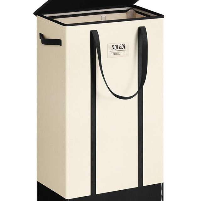 SOLEDI 75L Slim Laundry Basket with Lid,Collapsible Narrow Laundry Hamper Handles,Tall Skinny Dirty Clothes Hamper for Laundry Room,Dorm,Bathroom,Bedroom,and Small Spaces, 75L Beige