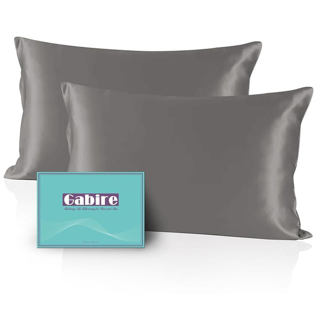 Gabire Mulberry Silk Pillow Cases Set of 2, Both Sides Real Silk Pillowcase for Hair and Skin, Prevent Acne, Organic, 2 Pack with Hidden Zipper, Grey, Standard (20"26")