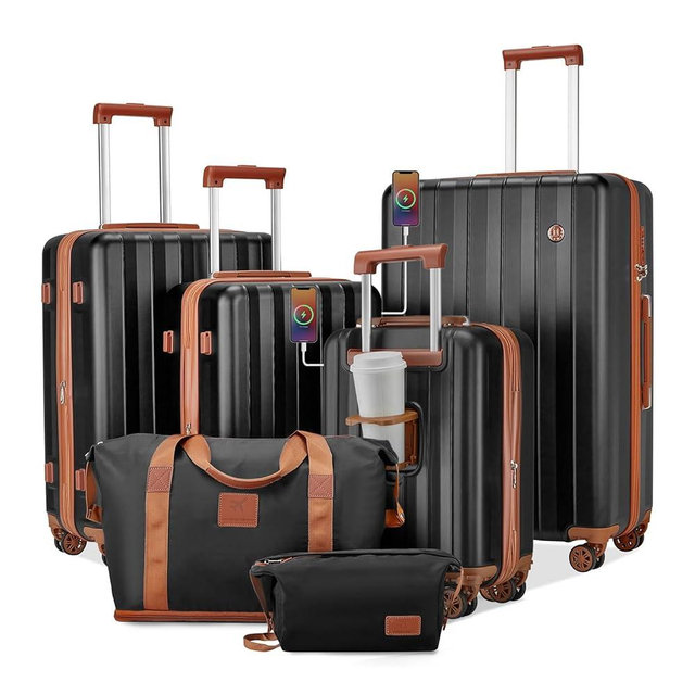 imiomo Luggage Sets 4 Piece Expandable Suitcase Set,Hardside Carry on Luggage with USB Port Cup Holder,Travel Luggage Spinner Suitcases with Wheels TSA Lock, Black Brown