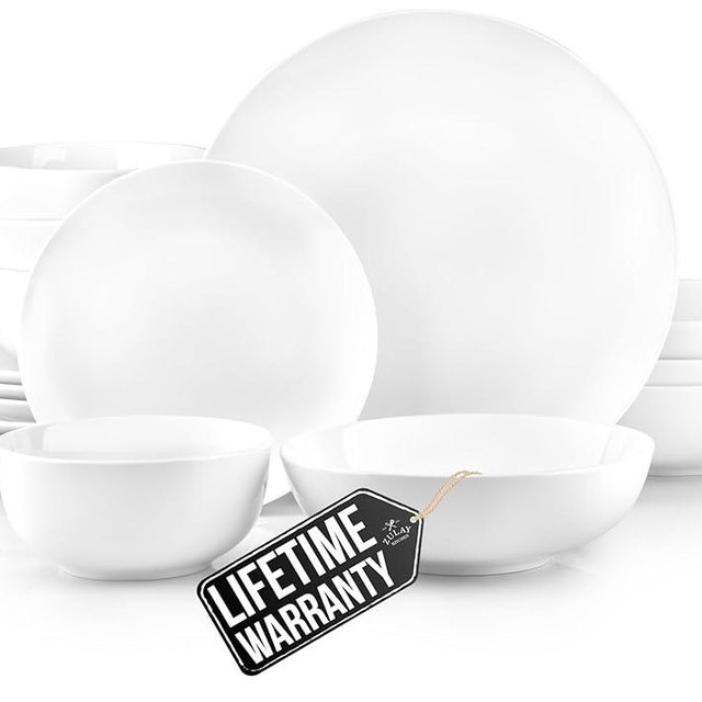 Zulay Kitchen Icon Porcelain Dinnerware Set, Service For 4 - Chip & Scratch Resistant White Plates And Bowls Sets - Microwave & Dishwasher Safe - White