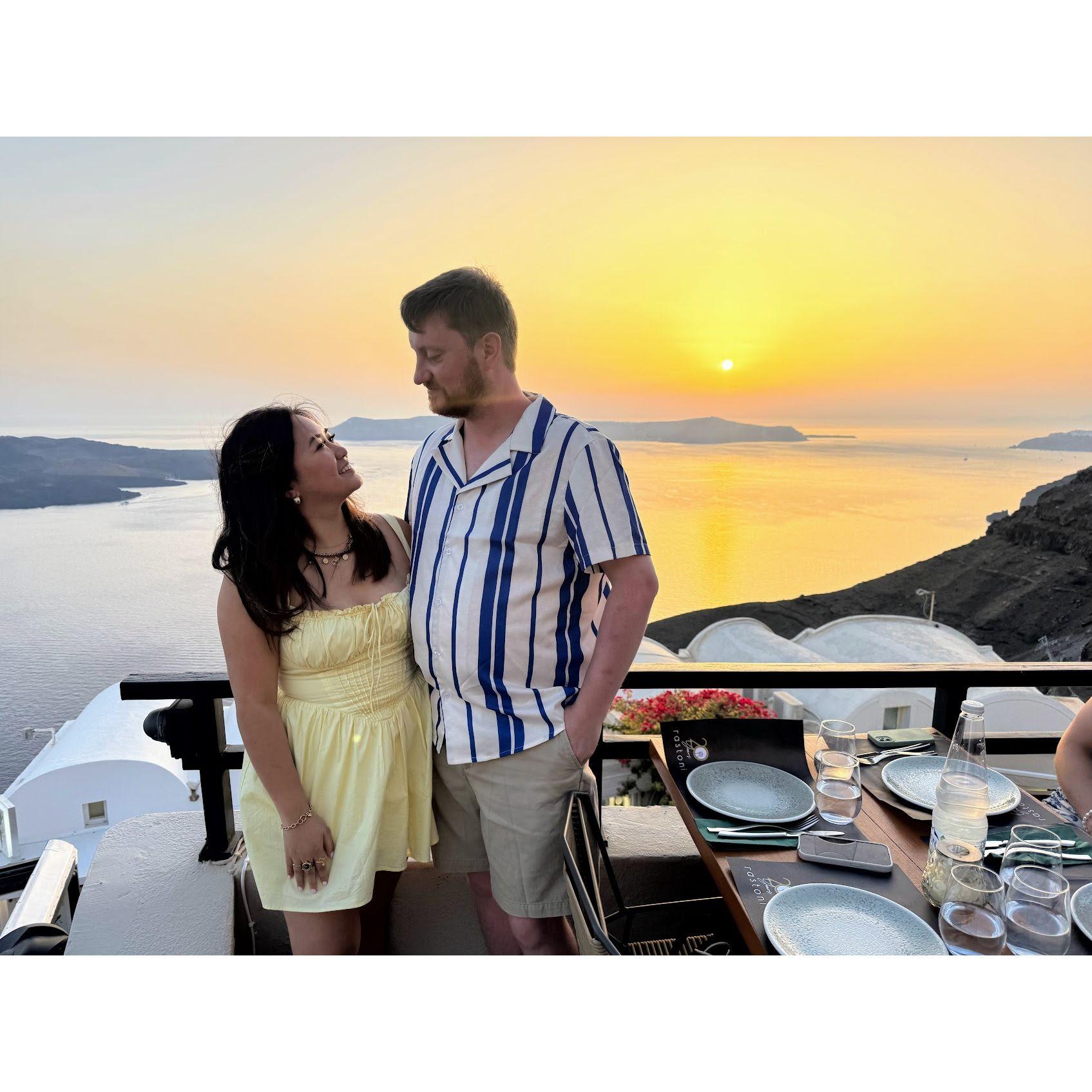 Sunset dinner in Fira on the island of Santorini in Greece