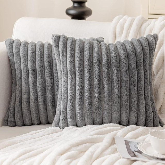 MOSAYT Faux Fur Throw Pillow Covers 18x18, Set of 2, Plush Velvet Soft Pillow Case,Fluffy Striped Decorative Couch Pillow Covers for Sofa, Bedroom, Living Room(Grey)