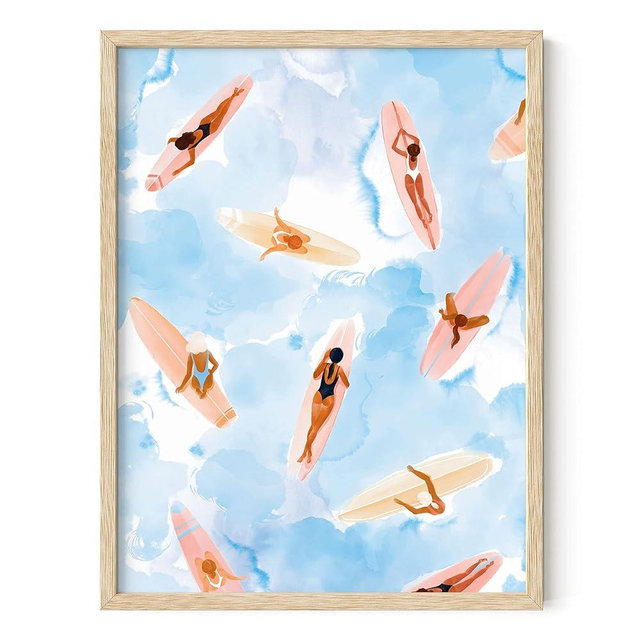 Haus and Hues Framed Beach Wall Decor - Watercolor Beach Pictures Wall Art, Surfboard Posters, Surfing Beach Scene Artwork for Living Room, Beach Room Decor for Teen Girls Surfers (12x16 Framed Beige)
