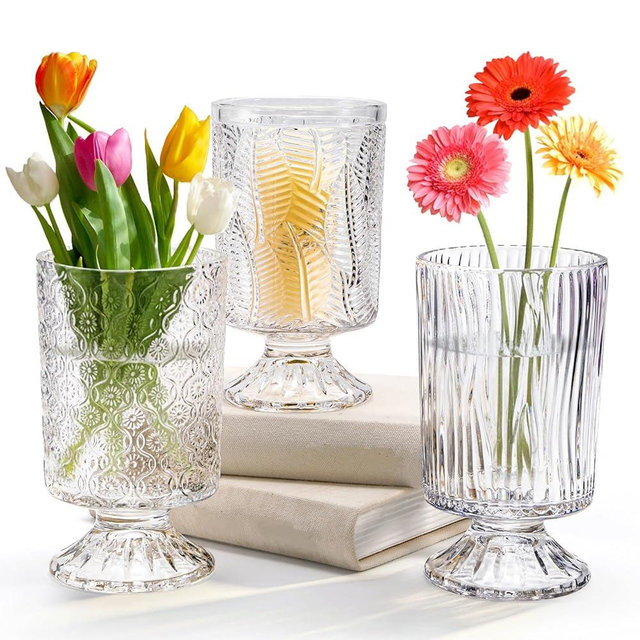 Pumtus 3 Pack Flower Vases for Centerpieces, Vintage Glass Pedestal Vase Set, Decorative Embossed Big Base Vase, Clear Hurricane Candle Holder, Medium Cylinder Vase for Wedding, Home, Party, Office