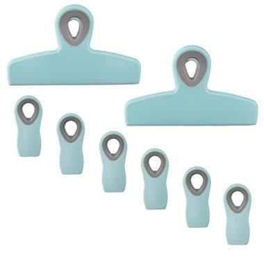 Cook with Color Set of Eight Bag Clips, 2 Large Heavy Duty Chip Clip and 6 Refrigerator Magnet Clips for Food Storage with Air Tight Seal Grip for Snack Bags and Food Bags (Teal)