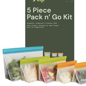 (re) zip 5-Piece Stand-Up Pack n Go Reusable Bag Kit, BPA-Free, Food Grade, Leakproof, Freezer and Dishwasher Safe, Quart (1), 2-Cup (2), Snack (2) - Multicolor