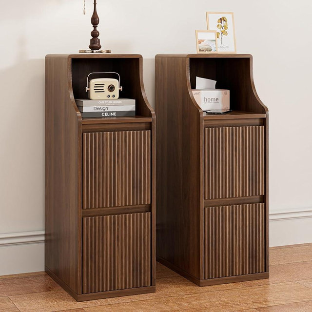 Fluted Narrow Nightstand Set of 2, Skinny Bedside Table with 2 Drawers, Wooden Small Vintage Side Table, Mid Century Modern Night Stand, Slim End Table for Bedroom, Walnut, Brown