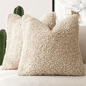 Foindtower 2 Pieces 16x16 Inch Light Khaki, Faux Fur Throw Pillow Cover Accent Sherpa Pillow Fuzzy Soft Pillowcases Sheepskin Decorative Fleece Cushion Case for Bed Couch Living Room