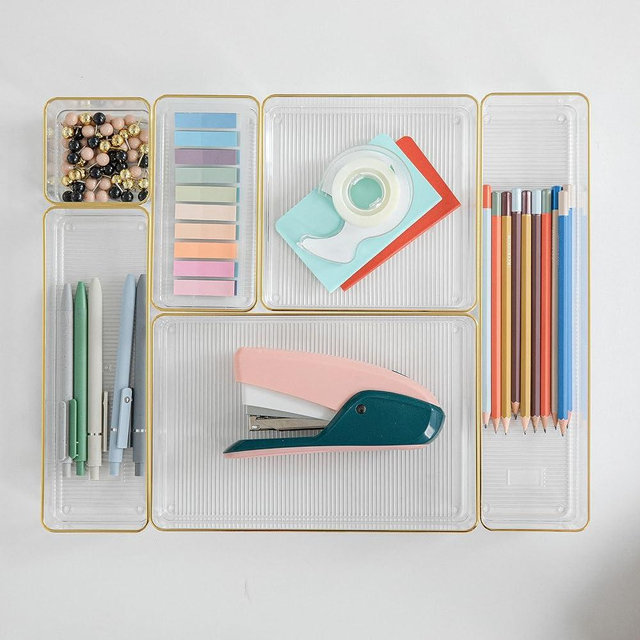 Martha Stewart Kerry Plastic Stackable Office Desk Drawer Organizers, Set of 6, with Gold Trim