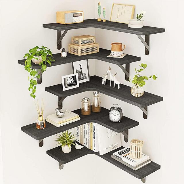 Fixwal Corner Floating Shelves, Wall Mounted Corner Shelf Set of 5, Rustic Wood Wall Shelves for Bathroom, Kitchen, Bedroom or Living Room (Black)