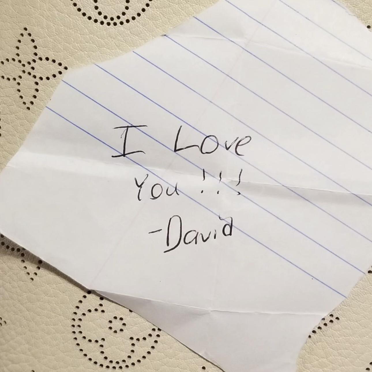 a note that Sarah’s mom found that David left in her pencil case in highschool