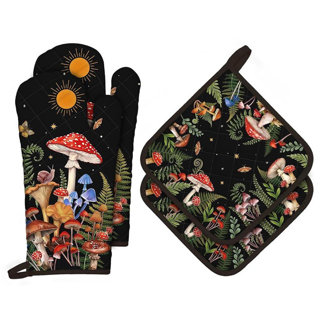 Arquiel Mushroom Grass Oven Mitts and Pot Holders Sets 4Pcs, 100% Cotton Heat Resistant, Extra Long Oven Gloves Potholder for Kitchen Cooking Baking Decoration