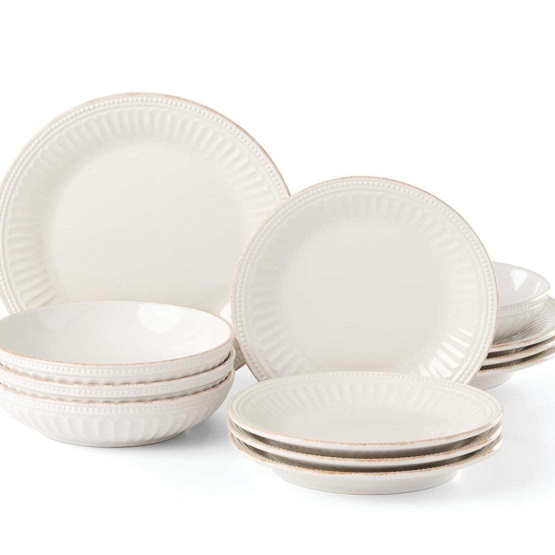 Lenox White French Perle Groove Piece Dinnerware Set, 12 Count