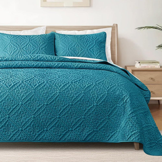 Exclusivo Mezcla King Quilt Bedding Set, Lightweight Soft Bedspreads Coverlets with 2 Pillow Shams, Modern Teal Oversized Quilts King Size for All Seasons