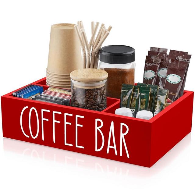 ALELION Red Coffee Station Organizer with Removable Dividers - Coffee Pod Holder Storage Basket for K Cup Sugar Tea - Red Coffee Bar Kitchen Decor Accessories Organizer for Countertop