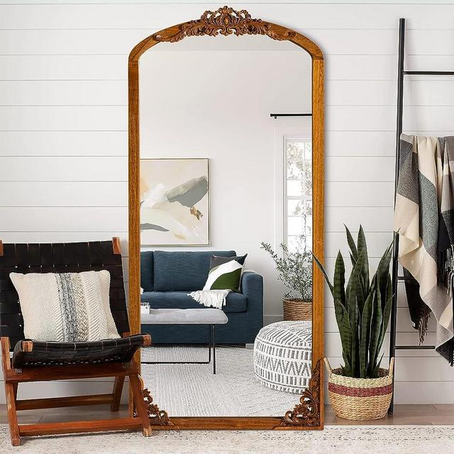 NeuType Arched Full Length Mirror Vintage Carved Mirror Solid Wood Frame Wall Mirror for Home Decor Bathroom Entryways Living Rooms Dressing Mirror, Gold, 39"x 28"