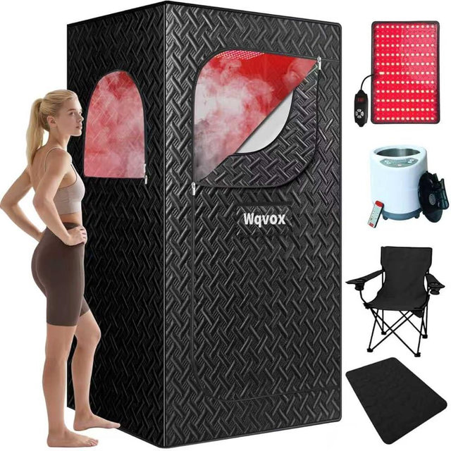 WQVOX Portable Infrared Sauna Box with Red Light Therapy, 3L Steamer, Upgraded Foldable Chair & Mat, 5-Layer Waterproof Design for Home Spa & Outdoor Relaxation, 3' x 3' x 6'