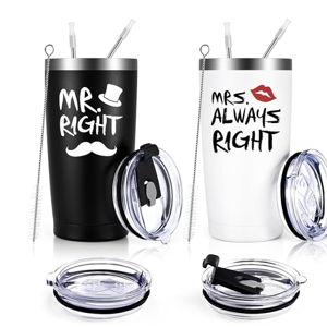 Mr. Right Mrs. Always Right Travel Tumbler Set, Wedding Engagement Gifts for Husband Wife Newlywed Couples Bride Groom Anniversary Bridal Shower, 20oz Stainless Steel Travel Tumbler, Black and White