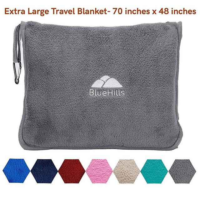 BlueHills Premium Soft Long Travel Blanket Pillow for Tall Airplane Flight Blanket Throw in Soft Bag case with Hand Luggage Belt & Backpack Clip Compact Pack Large Blanket Grey Gray T052